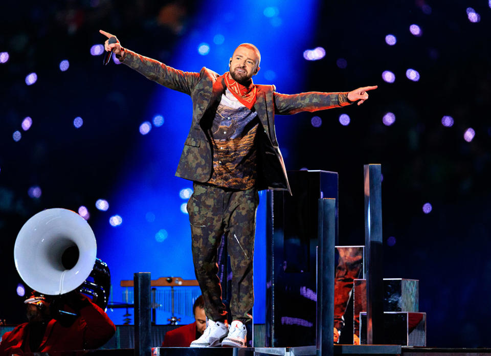 <p>All eyes were on J.T. as he took the stage for the Pepsi Super Bowl LII Halftime Show on Sunday. Performing an energetic medley of his hits, like “Cry Me a River,” “Mirrors,” and “Can’t Stop the Feeling,” Timberlake also lit up the stadium in purple and included a tribute to Minneapolis’s own music icon, Prince. (Photo: Christopher Polk/Getty Images) </p>