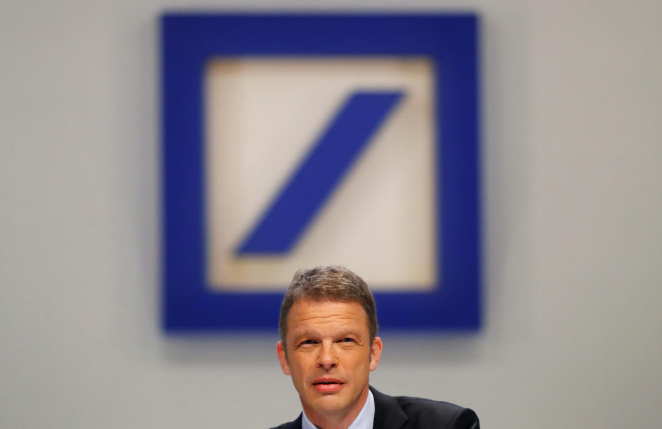 Christian Sewing, new CEO of Germany's Deutsche Bank, addresses the audience during the bank's annual meeting in Frankfurt, Germany, May 24, 2018. REUTERS/Kai Pfaffenbach