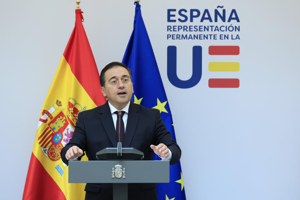 FILE - Spain's Foreign Minister Jose Manuel Albares Bueno addresses a media conference prior to talks on the Middle East in Brussels, on May 27, 2024. Spain says it will ask a United Nations court for permission to join South Africa’s case accusing Israel of genocide in Gaza. Spain is the first European country to take the step after South Africa filed its case with the International Court of Justice late last year. It alleged that Israel was breaching the genocide convention in its military assault that has laid waste to large swaths of Gaza. (AP Photo/Geert Vanden Wijngaert, File)