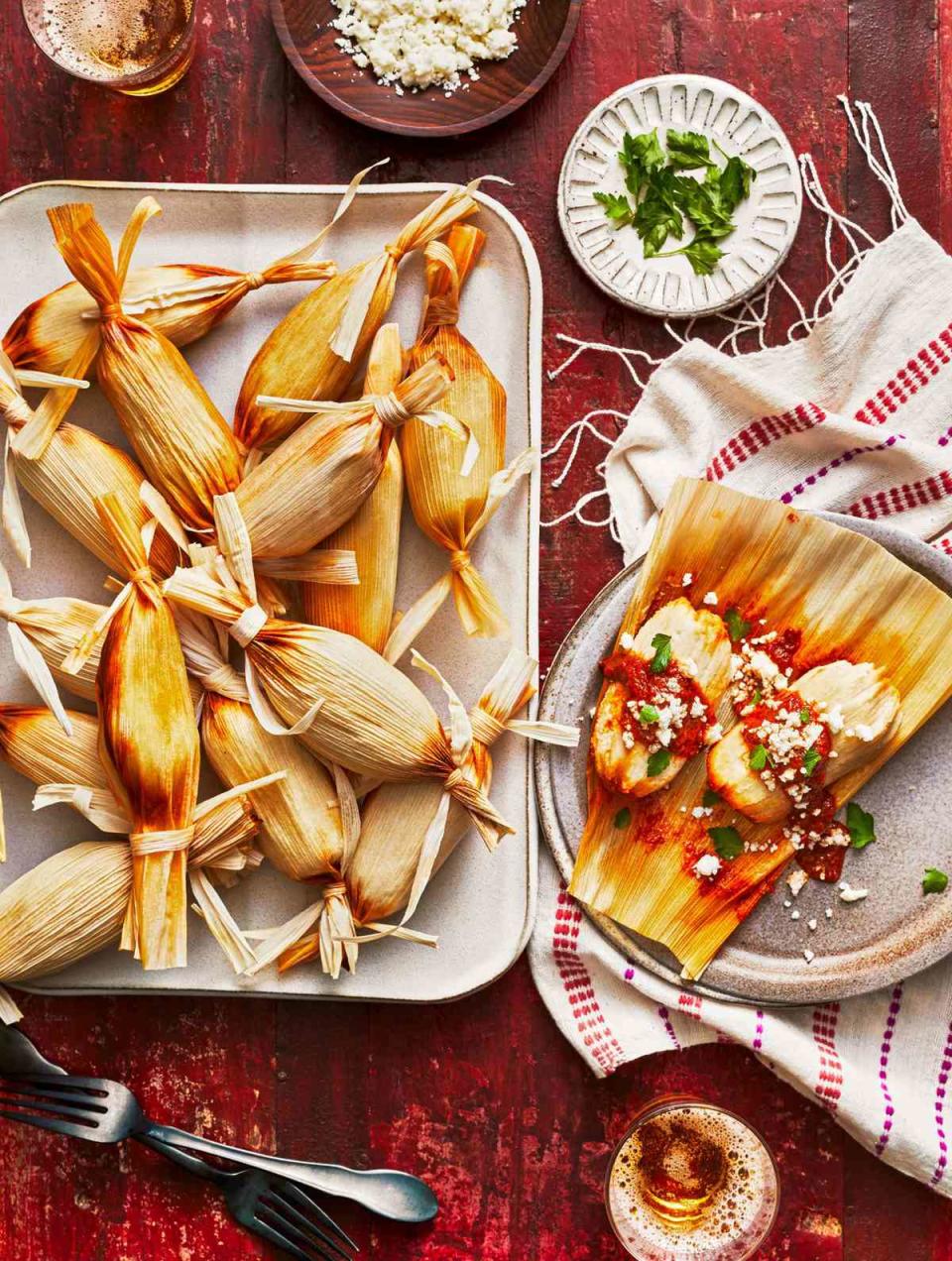 Chicken Tamales with Roasted Tomato-and-Dried Chile Sauce