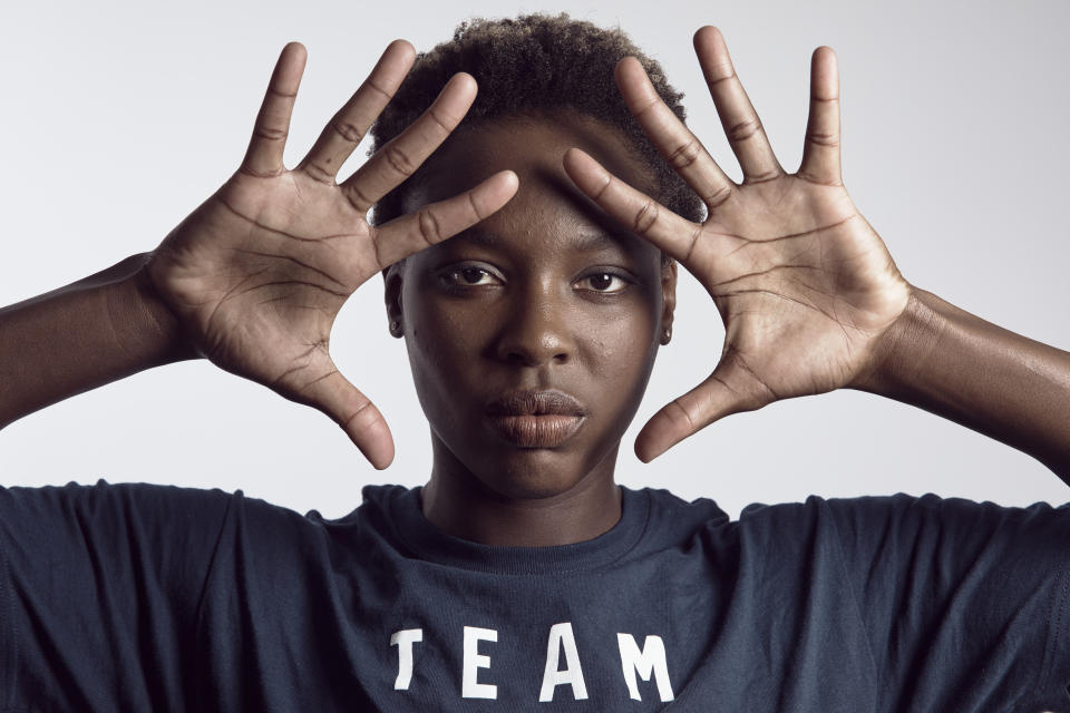 FILE - Olympic American water polo player Ashleigh Johnson poses for a photo Tuesday, April 16, 2024, in New York. Johnson saw an Olympic future for herself in the water, though she dreamed of being on an Olympic relay team with her siblings. (AP Photo/Andres Kudacki)