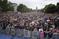 Fans crowd into Civic Center Park during a rally and parade to mark the Denver Nuggets first NBA basketball championship on Thursday, June 15, 2023, in Denver. (AP Photo/David Zalubowski)
