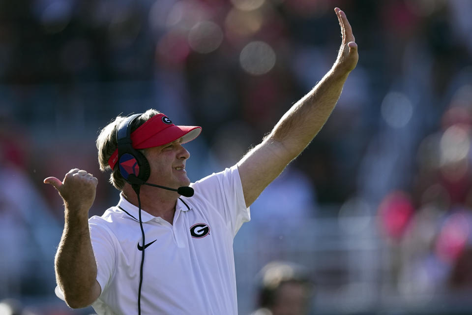 Georgia head coach Kirby Smart signals to his plaayers on the field during the first half of an NCAA college football game against Tennessee-Martin, Saturday, Sept. 2, 2023, in Athens, Ga. (AP Photo/John Bazemore)