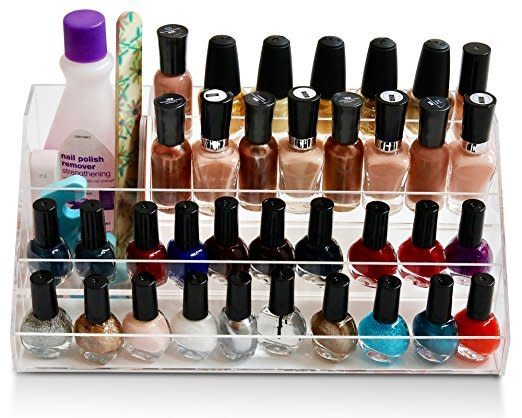 You don&rsquo;t realize how much nail polish you have until you store it all. Make sure your favorite colors are easily within reach with this multi-level nail polish organizer. Get it <a href="https://www.amazon.com/dp/B01LZS3ASH/ref=sspa_dk_detail_4?psc=1&amp;pd_rd_i=B01LZS3ASH&amp;pd_rd_wg=cU90U&amp;pd_rd_r=PME5VZHC8TAQ2B5ZDXD8&amp;pd_rd_w=hJ6wg" target="_blank">here</a>.