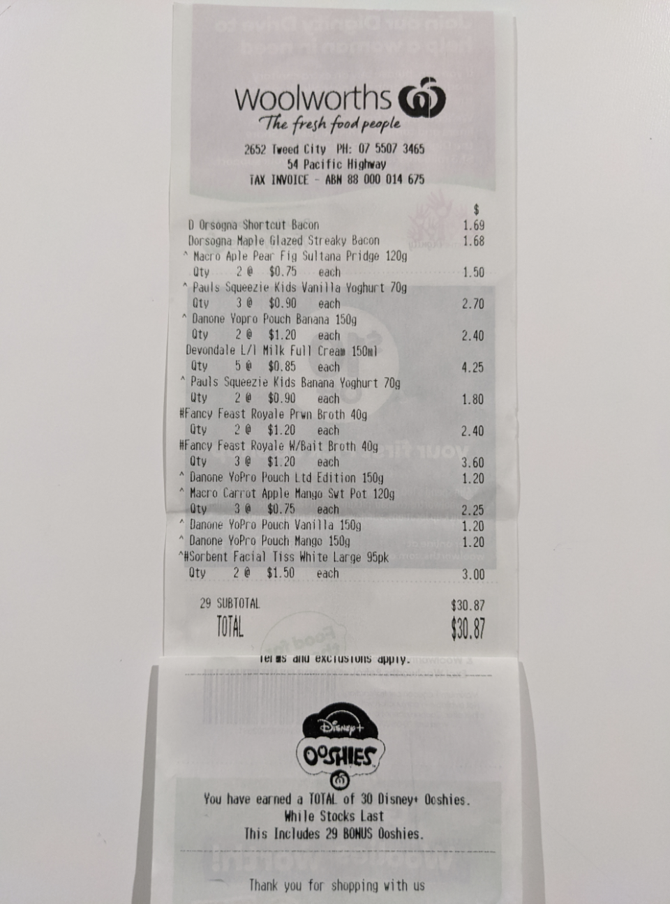 Photo shows a receipt from a woman's Woolworths shop that earned 30 Ooshies.