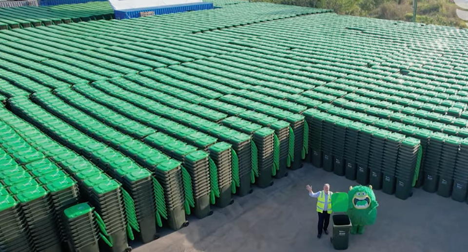 Thousands of new GO bins are seen waiting to distributed to residents in Queensland. 