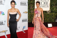 <p>After her somewhat disappointing appearance at the Golden Globes in Versace Atelier (right), the actress picked up her game for the 44th NAACP Image Awards in a figure hugging Vivienne Westood gown.</p>