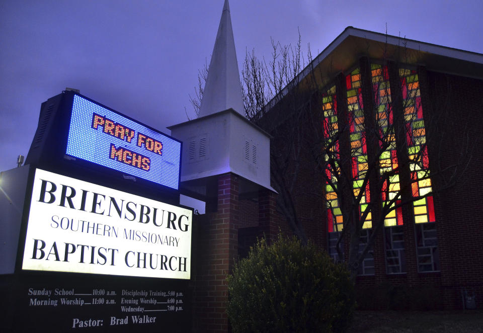 <p>A sign at Briensburg Baptist Church asks people to pray for the victims of the shootings at Marshall County High School, Jan. 23, 2018, near Benton, Ky. A prayer vigil was held at the church. (Photo: Stephen Lance Dennee/AP) </p>