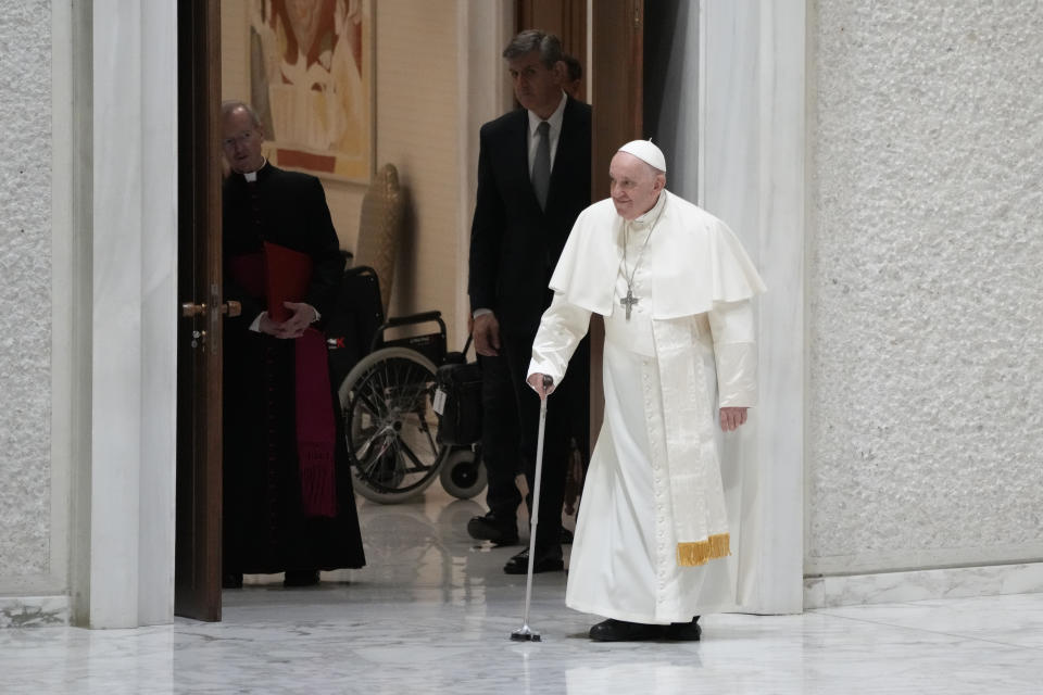 Pope Francis arrives for an audience with pilgrims from Rho diocese, in the Paul VI Hall, at the Vatican, Saturday, March 25, 2023. (AP Photo/Alessandra Tarantino)