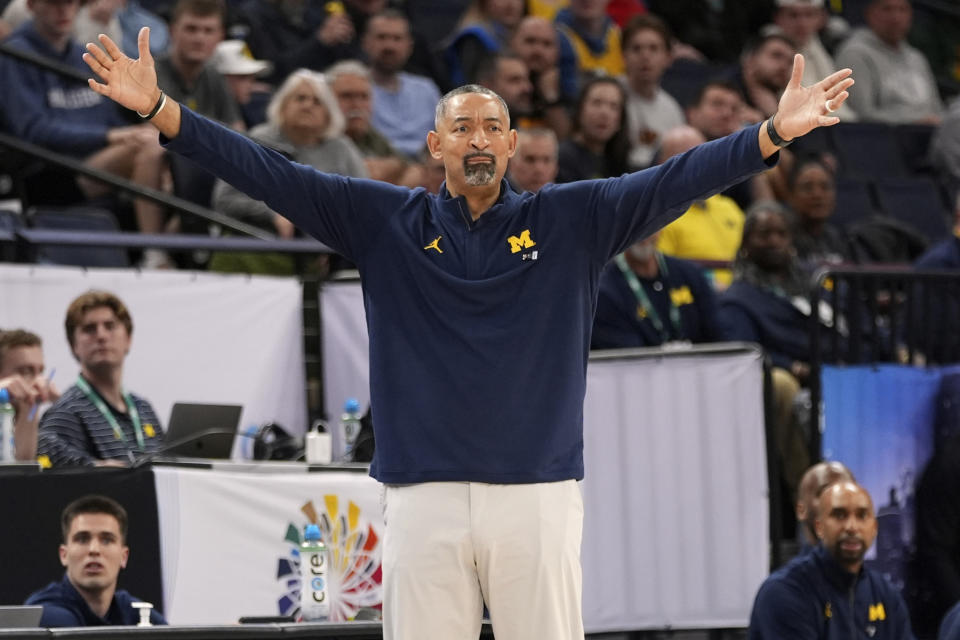 Michigan coach Juwan Howard reacts during the second half of the team's NCAA college basketball game against Penn State in the first round of the Big Ten Conference men's tournament Wednesday, March 13, 2024, in Minneapolis. Michigan fired Howard on Friday, March 15, 2024, after five seasons, 82-67 record and two NCAA Tournament trips. (AP Photo/Abbie Parr)