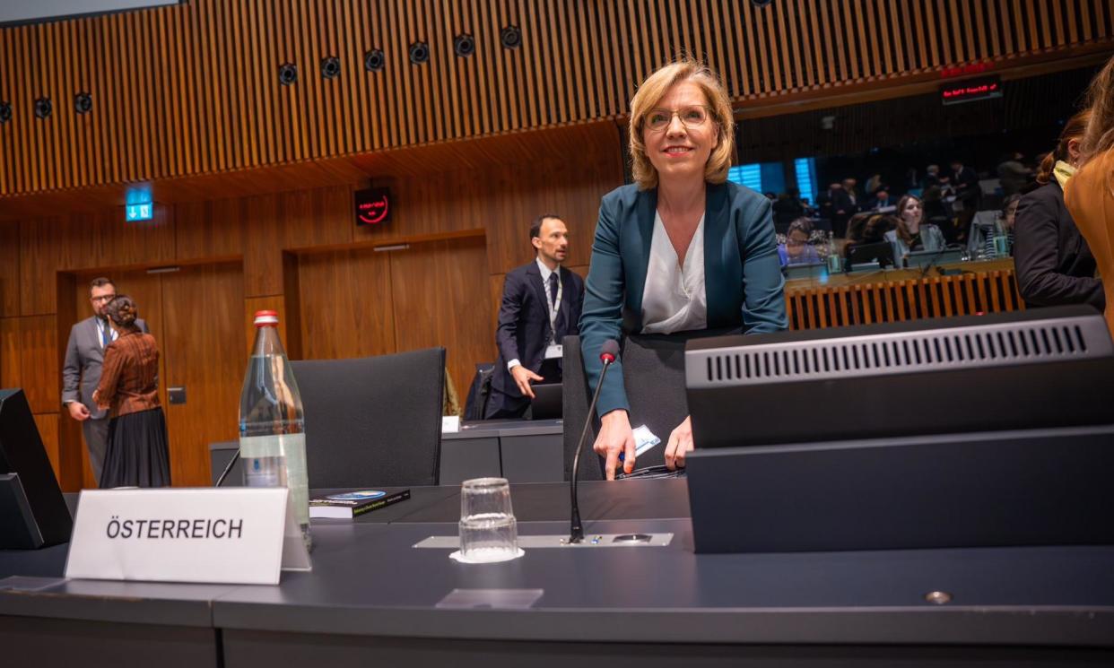 <span>Leonore Gewessler after the law was passed in Luxembourg. Member states must draw up plans to restore drained peatlands and help plant at least 3bn more trees.</span><span>Photograph: @lgewessler/X.com</span>