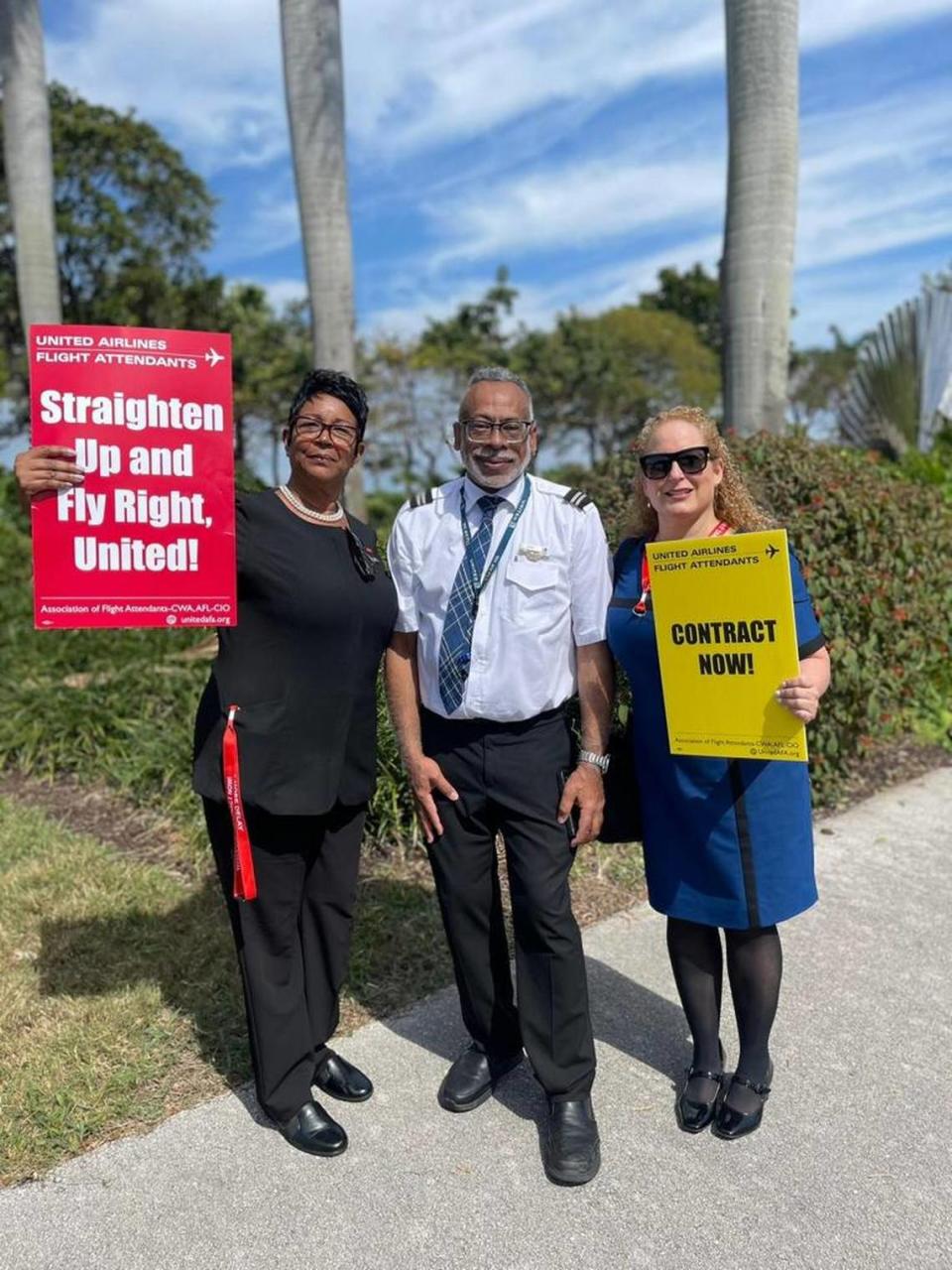 United Airlines flight attendants and others protest outside Fort Lauderdale-Hollywood International Airport on Feb. 13, 2024 for new contract, better pay.