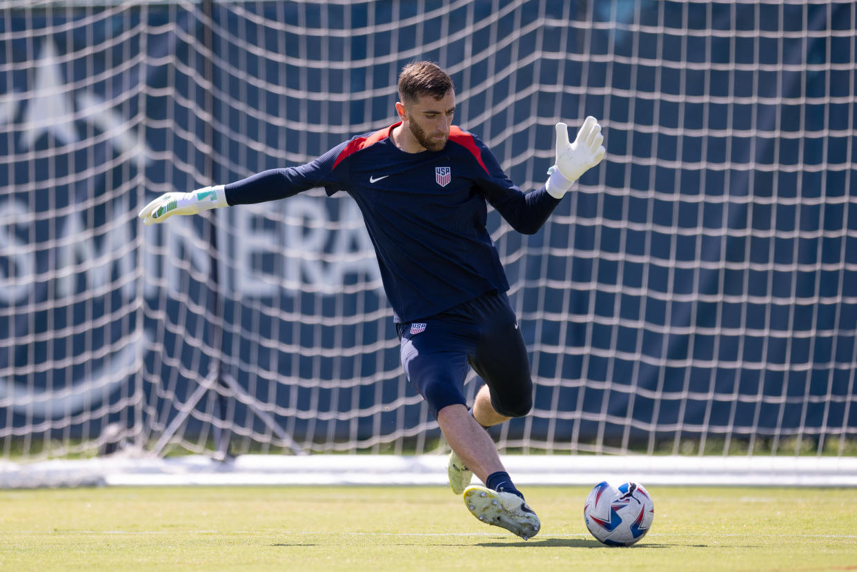 KANSAS CITY, KS - JUNE 30: Matt Turner of the United States passes the ball during USMNT Training at Compass Minerals National Performance Center on June 30, 2024 in Kansas City, Kansas. (Photo by John Dorton/ISI Photos/USSF/Getty Images for USSF)