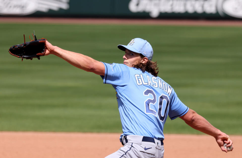 VENICE, FLORIDA - MARCH 11: Tyler Glasnow #20 of the Tampa Bay Rays delivers a pitch against the Atlanta Braves in a spring training game at CoolToday Park on March 11, 2021 in Venice, Florida. (Photo by Mark Brown/Getty Images)