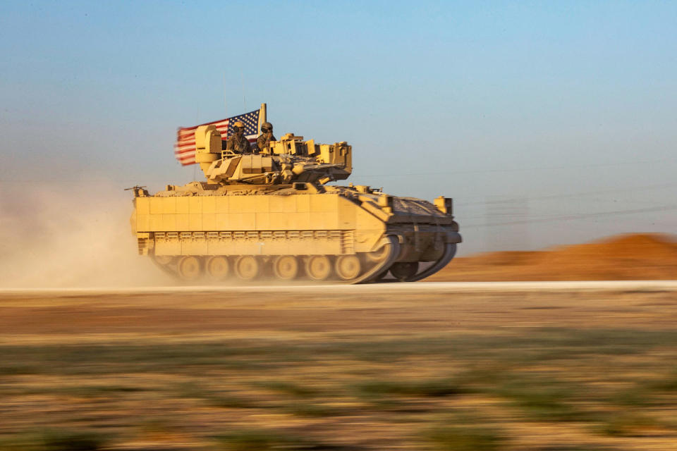 U.S. soldiers in a Bradley Fighting Vehicle on patrol in Syria's northeastern Hasakeh province July 17, 2023. (Delil Souleiman / AFP via Getty Images file)