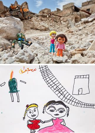 A drawing by an Iraqi child shows two siblings fleeing next to a dismembered body, next to a photo rendition in the old city of Mosul, Iraq, in this handout obtained by Reuters on July 9, 2018. REUTERS/Brian McCarty/Handout via Reuters