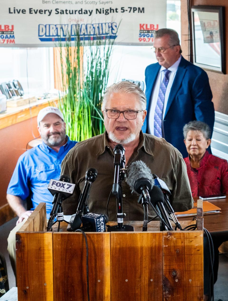 Mark Nemir, owner of Dirty Martin's Place, speaks at a press conference announcing a lawsuit against the City of Austin and the Austin Transit Partnership at Dirty Martin's Place in November.