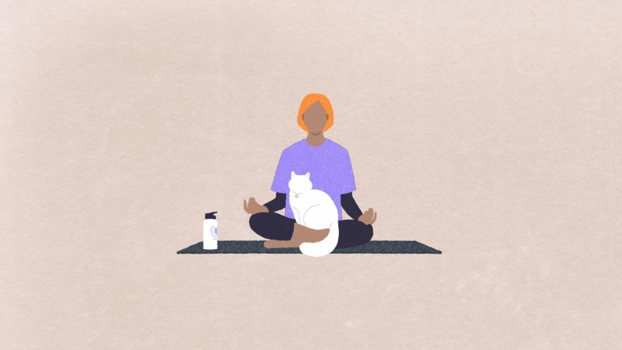 illustration of a faceless person with brown skin tone wearing a purple shirt, sitting in a yoga pose on a mat cross-legged, with their hands on their knees and fingers pointing up and pinching. there's a white cat in their lap and a water bottle next to them.