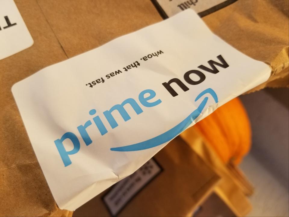 Close-up of logo for Amazon Prime on bag from Prime Now, a same day delivery service for groceries and other retail goods operated by Amazon, San Ramon, California, November 7, 2018. (Photo by Smith Collection/Gado/Getty Images)