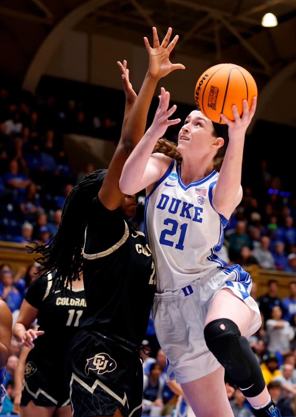 Duke’s Kennedy Brown makes a move to the basket during the second half of the Blue Devils’ 61-53 loss to Colorado in an NCAA Tournament second round game at Cameron Indoor Stadium on Monday, March 20, 2023, in Durham, N.C.