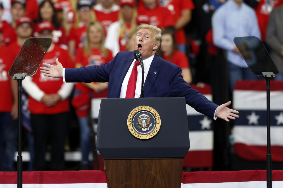 President Donald Trump speaks at a campaign rally Thursday, Oct. 10, 2019, in Minneapolis. (AP Photo/Jim Mone)