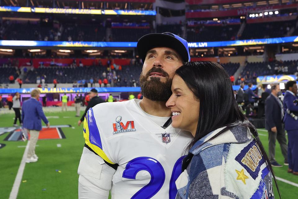 Eric Weddle celebrates after winning Super Bowl LVI at SoFi Stadium.