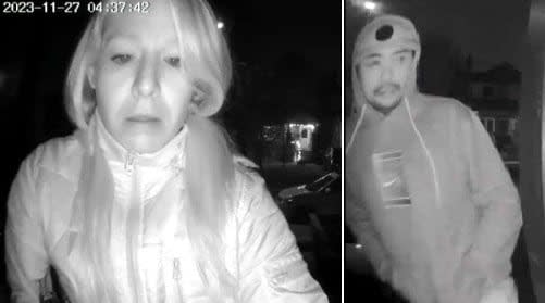Toronto police say a man and a woman, seen in the photo entering a home in the east end early Monday morning and stealing a car along with a 'number of personal items.' (Toronto Police Service handout - image credit)
