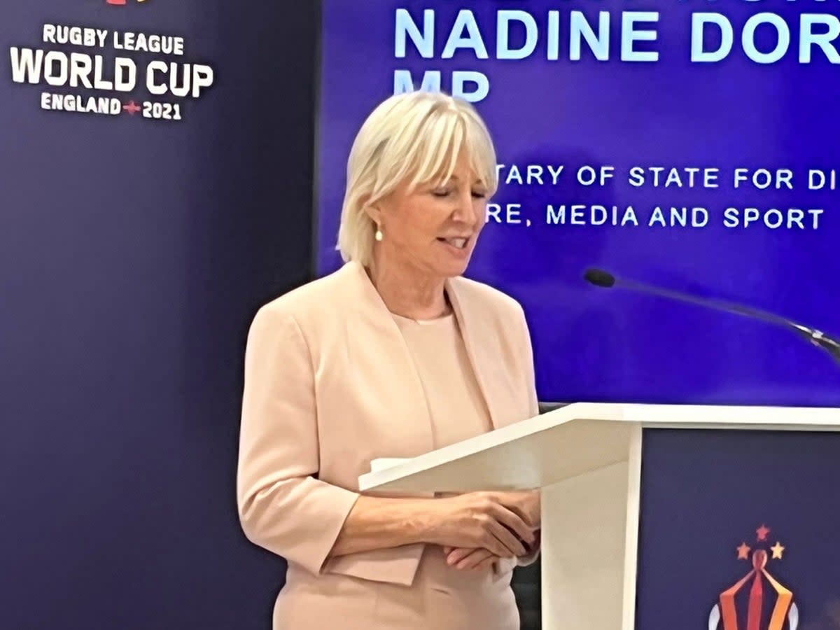 Nadine Dorries speaks at the Rugby League World Cup event in St Helens (PA)