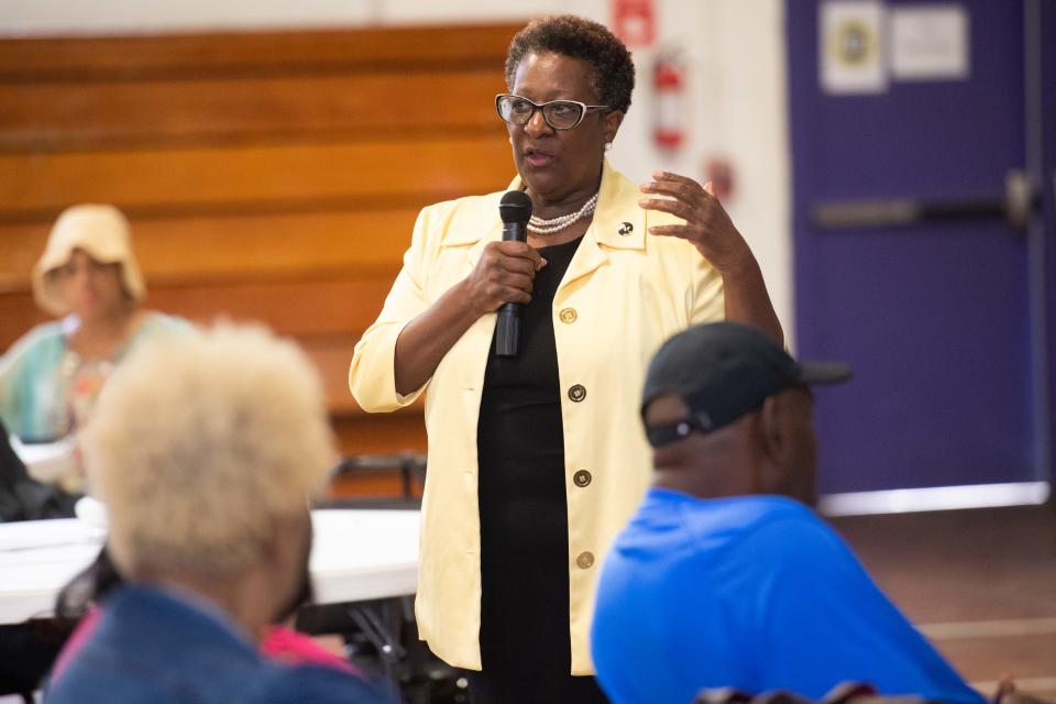Tennessee rep. Karen Camper speaks during a Black Farmers & Agriculturalists Association meeting in Brownsville, Tenn. on Thursday, Aug. 3, 2023.
