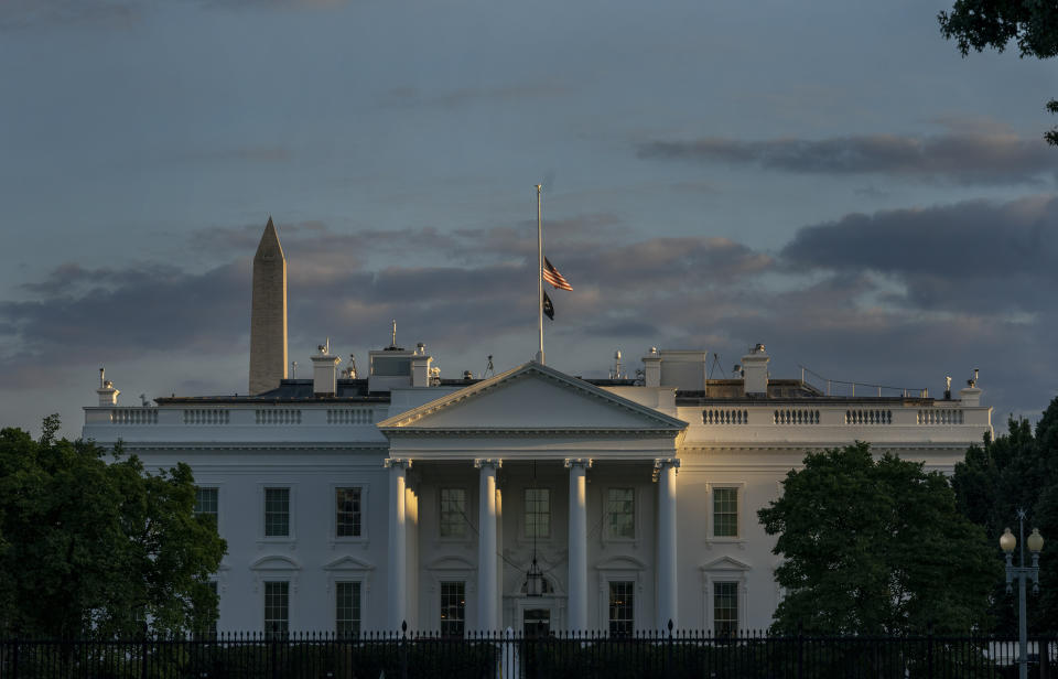 <p>With the Washington Monument in the background, the American flag flies at half-staff over the White House, Thursday, Sept. 8, 2022, in Washington, after Queen Elizabeth II, Britain's longest-reigning monarch and a rock of stability across much of a turbulent century, died Thursday after 70 years on the throne. She was 96. (AP Photo/Gemunu Amarasinghe)</p> 