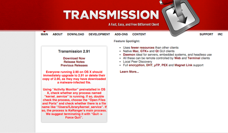 Transmission malware warning