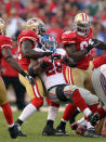 SAN FRANCISCO, CA - NOVEMBER 13: Patrick Willis #52 of the San Francisco 49ers tackles D.J. Ware #28 of the New York Giants at Candlestick Park on November 13, 2011 in San Francisco, California. (Photo by Ezra Shaw/Getty Images)