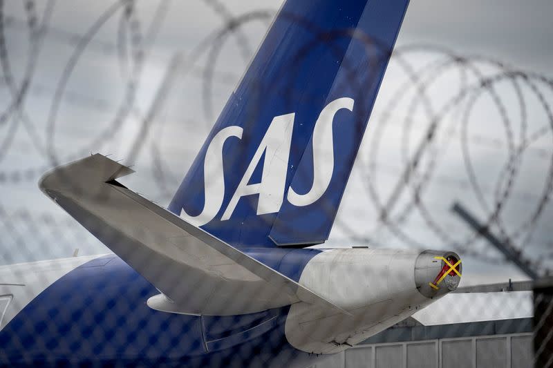 FILE PHOTO: SAS aircraft is parked on the ground during a pilot strike at Copenhagen Airport