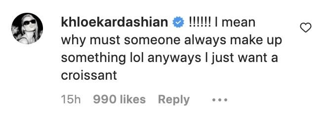 A screenshot of Khloé's comment