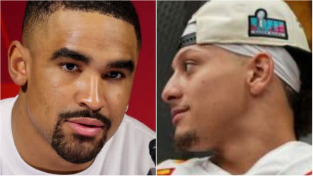 Jalen Hurts and Patrick Mahomes after the game.