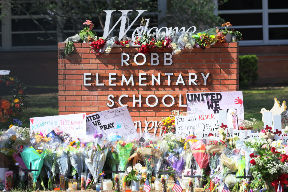 UVALDE, TEXAS - MAY 27: A memorial for victims of Tuesday's mass shooting at Robb Elementary School is seen on May 27, 2022 in Uvalde, Texas. Steven C. McCraw, Director and Colonel of the Texas Department of Public Safety, held a press conference to give an update on the investigation into Tuesday's mass shooting where 19 children and two adults were killed at Robb Elementary School, and admitted that it was the wrong decision to wait and not breach the classroom door as soon as police officers were inside the elementary school. (Photo by Michael M. Santiago/Getty Images)