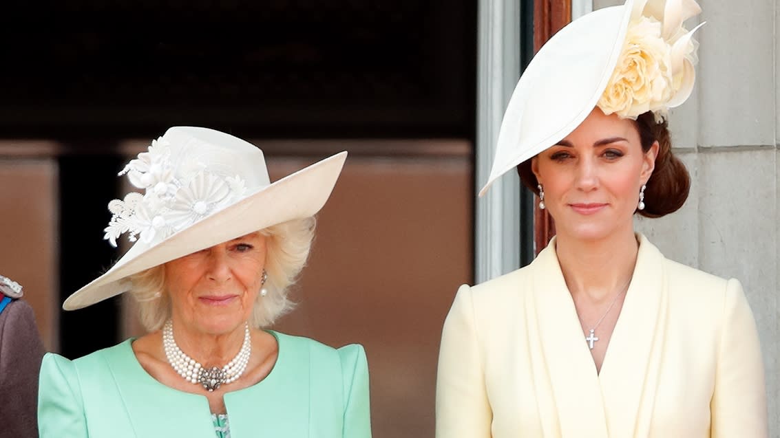  Kate Middleton has ‘literally no-one’ to turn to but Queen Camilla. Seen here Queen Camilla and Princess of Wales watch a flypast from the balcony of Buckingham Palace . 