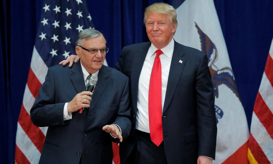 Donald Trump is joined onstage by Joe Arpaio at a campaign rally in Marshalltown, Iowa, in January 2016.