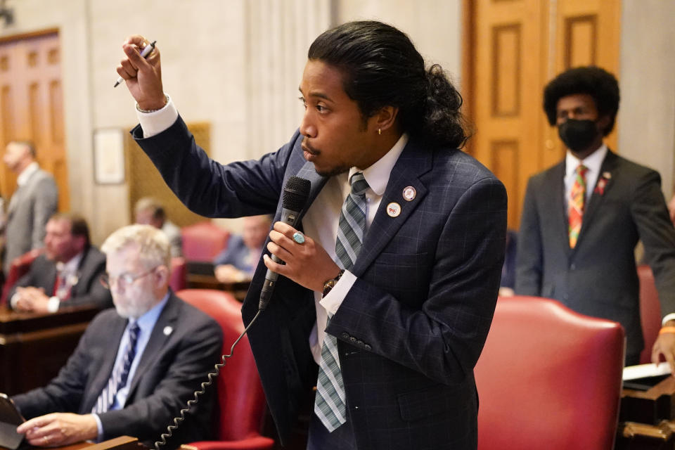 Rep. Justin Jones, D-Nashivlle, speaks from the House floor during a special session of the state legislature on public safety, Monday, Aug. 28, 2023, in Nashville, Tenn. (AP Photo/George Walker IV)