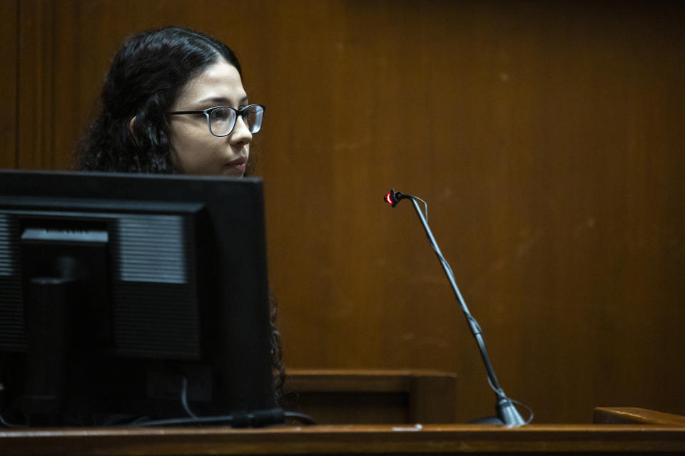 Iris Monarrez Gamboa testifies during Cristhian Bahena Rivera's trial, Tuesday, May 25, 2021, in the Scott County Courthouse in Davenport, Iowa. Bahena Rivera is on trial for the 2018 stabbing death of Mollie Tibbetts, a University of Iowa student. (Kelsey Kremer/The Des Moines Register via AP, Pool)