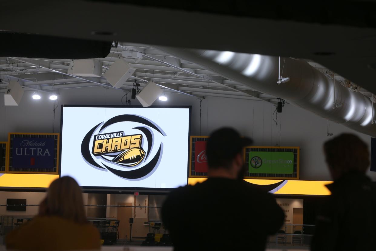 The Coralville Chaos logo is shown on a screen Thursday, March 28, 2024 at Xtream Arena in Coralville, Iowa as the team holds their initial press conference.