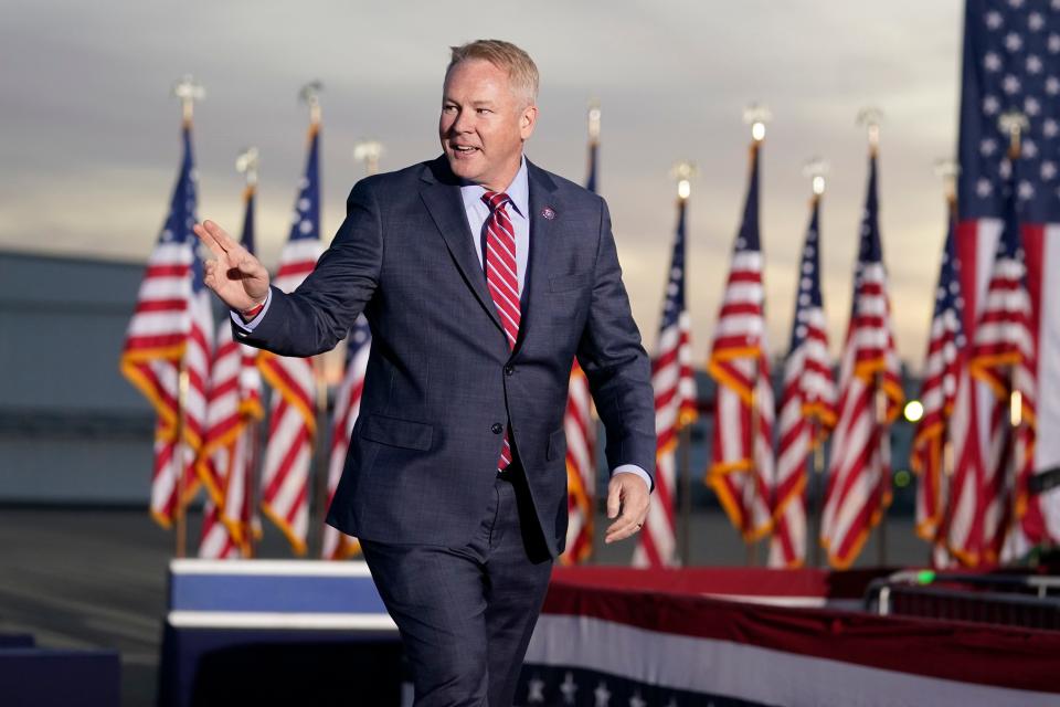 Rep. Warren Davidson arrives to speak before former President Donald Trump at a rally for J.D. Vance in 2022.