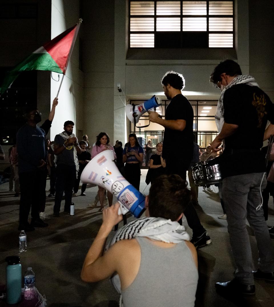 Pro-Palestinian protesters gather in front of the Travis County Jail to support those arrested during protests at the University of Texas earlier in the day, April 24, 2024 in Austin, Texas.