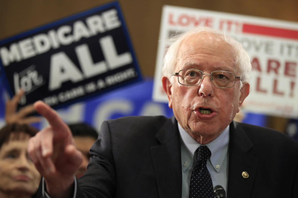 Sen. Bernie Sanders, I-Vt., introduces the Medicare for All Act of 2019, on Capitol Hill in Washington, Wednesday, April 10, 2019. (AP Photo/Manuel Balce Ceneta)