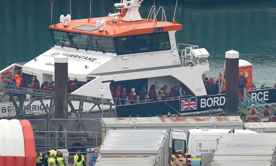 A group of people thought to be migrants are brought in to Dover, Kent, onboard a Border Force vessel following a small boat incident in the Channel. Picture date: Monday November 14, 2022.