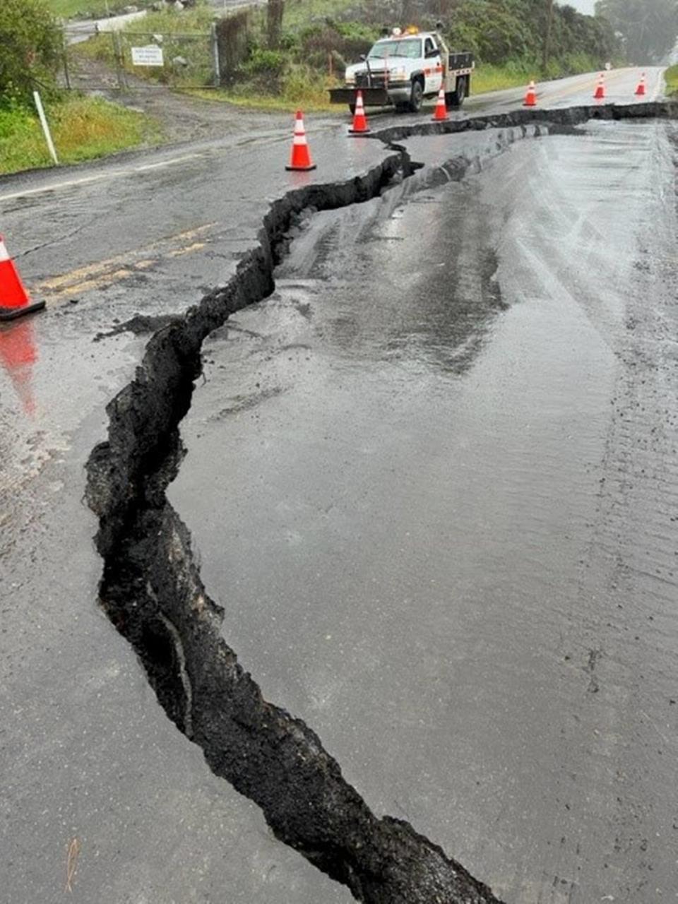 A section of Highway 1 slumps toward the ocean in March 2023, just north of the town of Gorda, about 10 miles north of the county line.