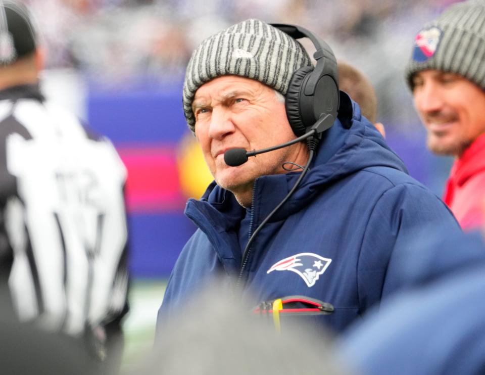 New England Patriots coach Bill Belichick looks on during his team's game against the Giants on Nov. 26, 2023.
