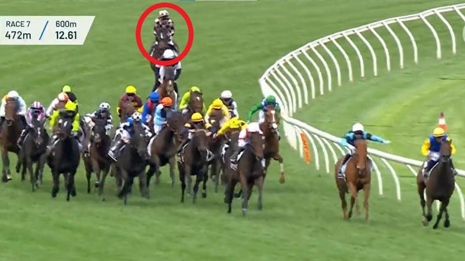 The Melbourne Cup field is pictured with Interpretation circled at the rear of the field as he was being pulled up by jockey Craig Newitt.