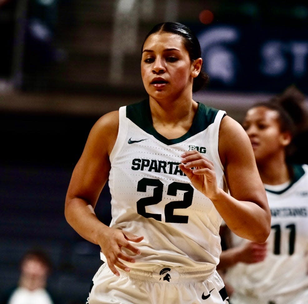Michigan State’s Moria Joiner (22) scored her career 1000th point early in the first quarter against Purdue Wednesday, Jan. 24, 2024.