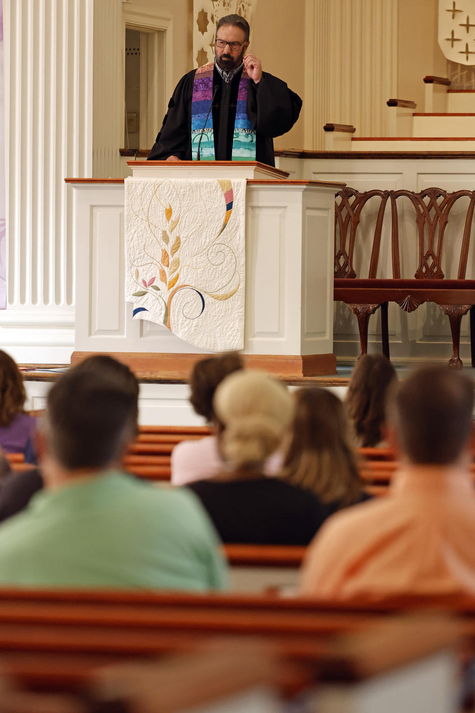 Pastor Mike Usey delivers his sermon to the congregation at College Park Baptist Church in Greensboro, N.C., Sunday, Sept. 25, 2022. The College Park church found itself in the news last week when the Southern Baptist Convention's Executive Committee voted to remove it from its rolls because of its “open affirmation, approval and endorsement of homosexual behavior." That action came 23 years after the congregation itself voted to leave the SBC, but according to the Executive Committee, it had remained on its rolls until now.(AP Photo/Karl DeBlaker)